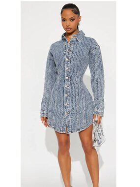 Fashion Nova Alessandra Textured Denim Mini Dress Medium Wash Button Front M